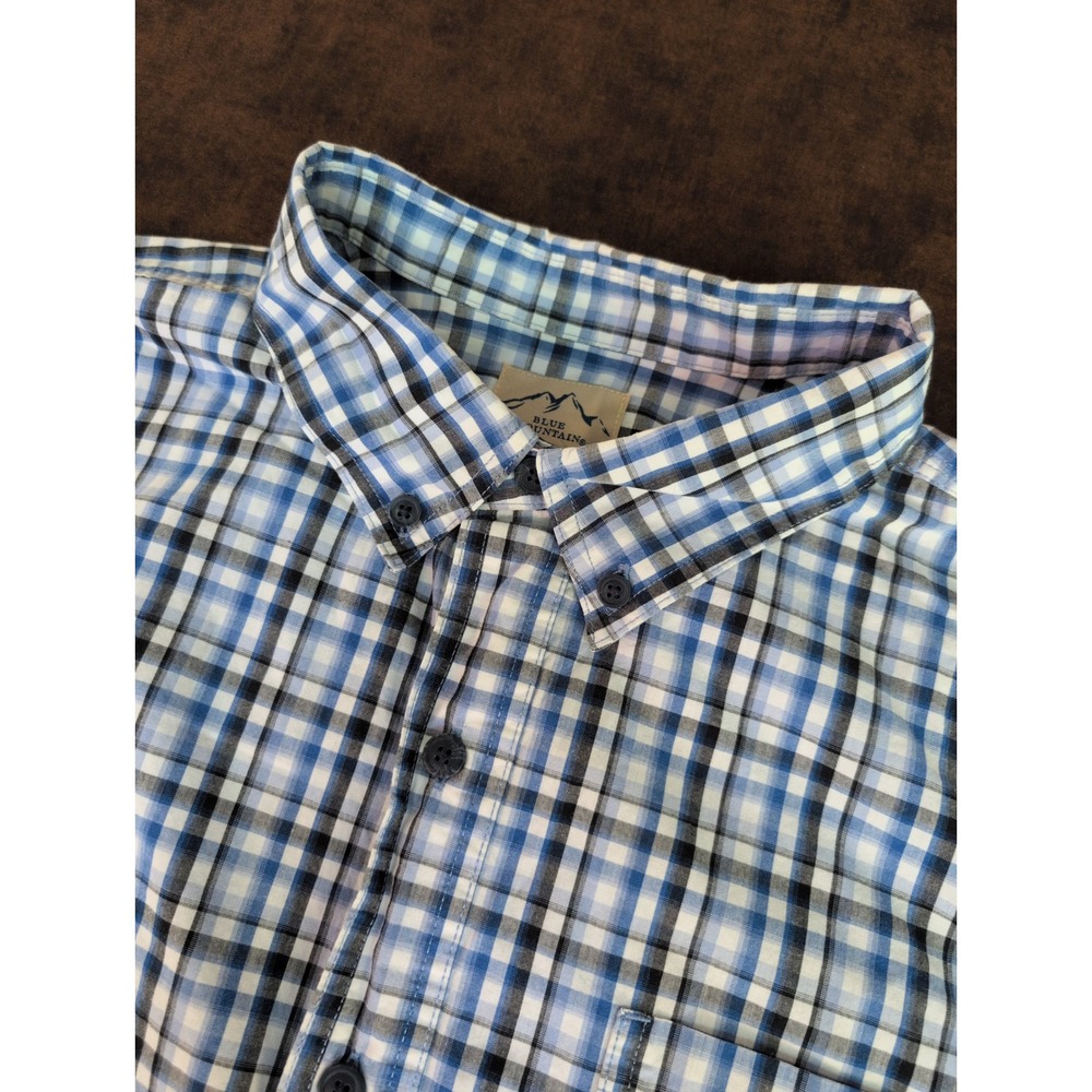 Blue Mountain Men's Short Sleeve Blue White Black Plaid Smart Casual Shirt Sz XL